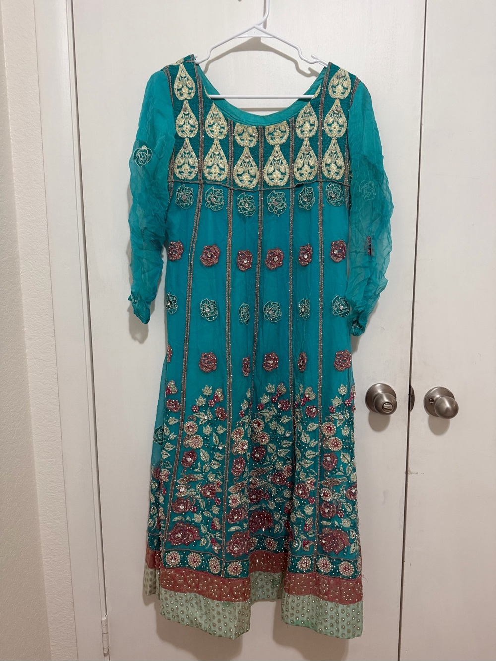 Indian Teal Embroidered Traditional Dress with Gold & Pink Accents